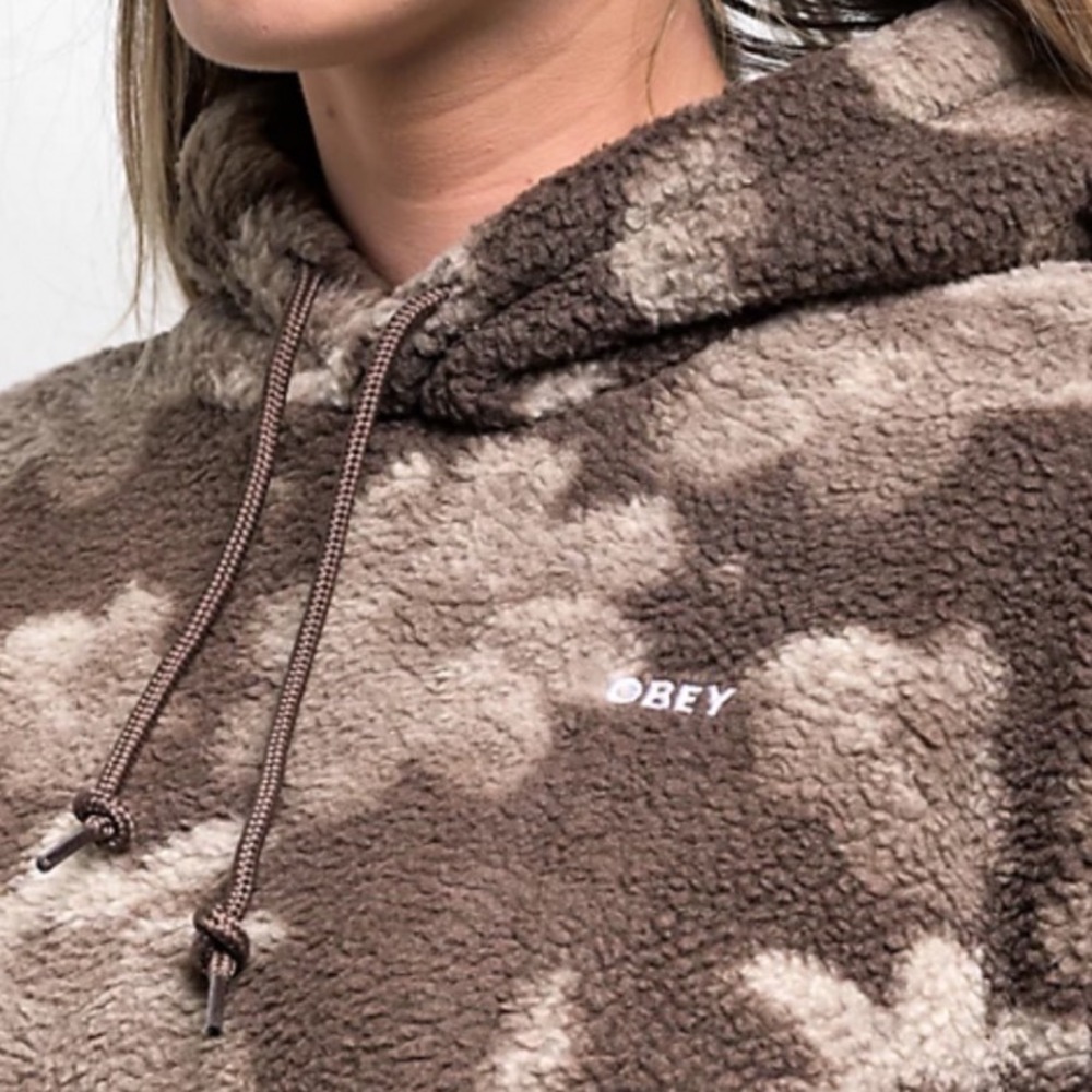 Obey Floral Sherpa Fleece Hoodie Brown Tan Flower Print Pullover Mens Womens - Picture 2 of 10